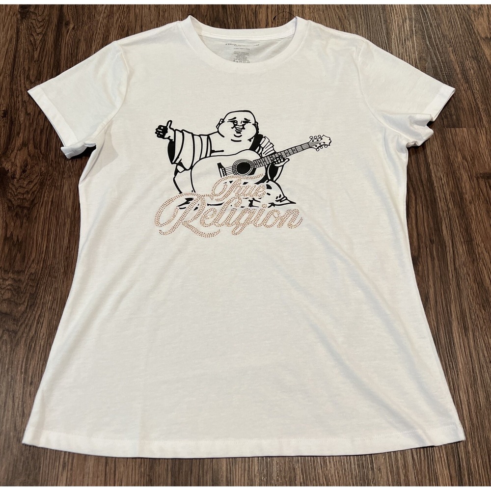True Religion Women's Crystal Embellished Buddha Slim Crew White Tee T-Shirt XL